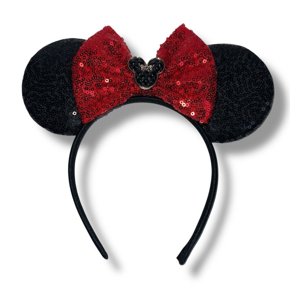 Disney Minnie Ears Headband Red Bow Sequin Coquette Core Theme Park Wear